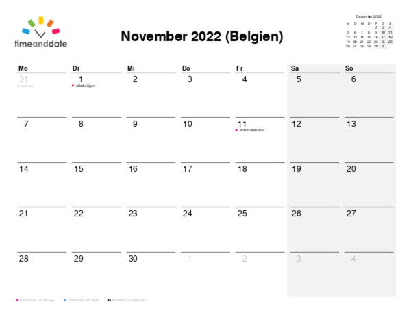 Kalender für 2022 in Belgien