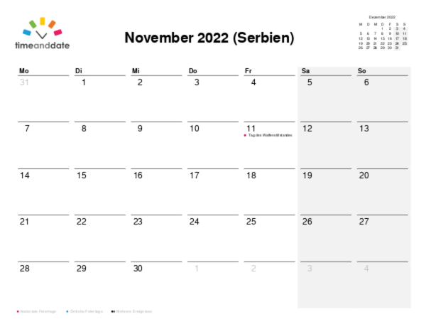 Kalender für 2022 in Serbien