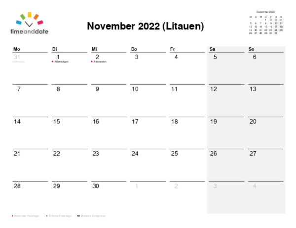 Kalender für 2022 in Litauen