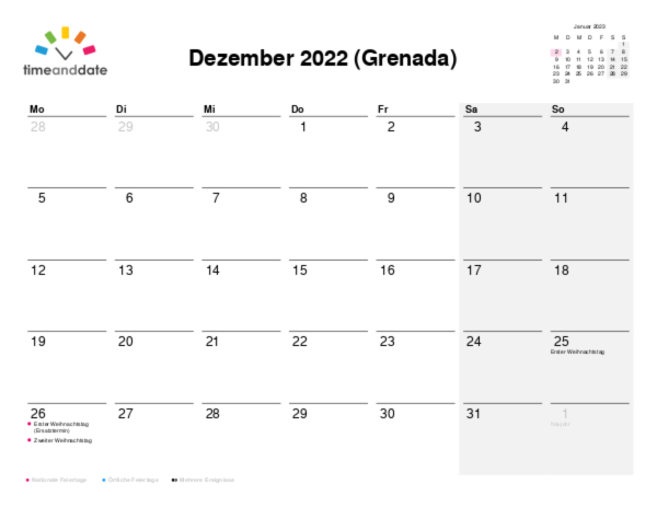 Kalender für 2022 in Grenada