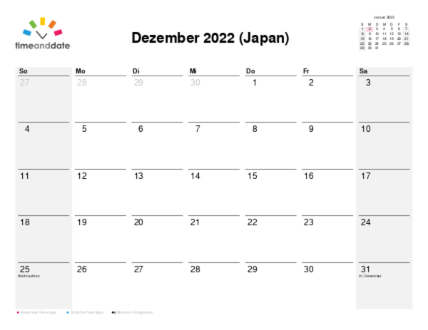 Kalender für 2022 in Japan