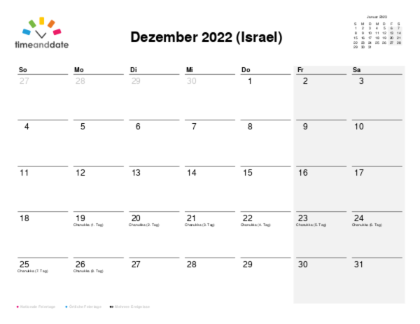 Kalender für 2022 in Israel