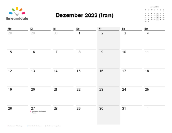 Kalender für 2022 in Iran