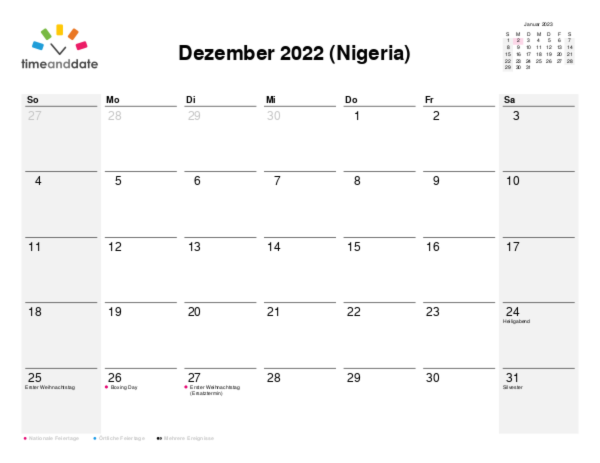 Kalender für 2022 in Nigeria