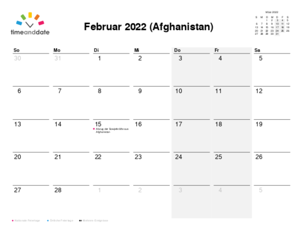 Kalender für 2022 in Afghanistan