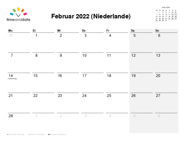 Kalender für 2022 in Niederlande