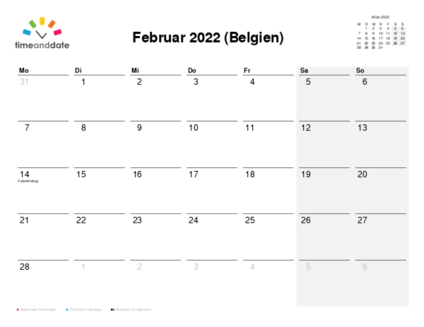 Kalender für 2022 in Belgien