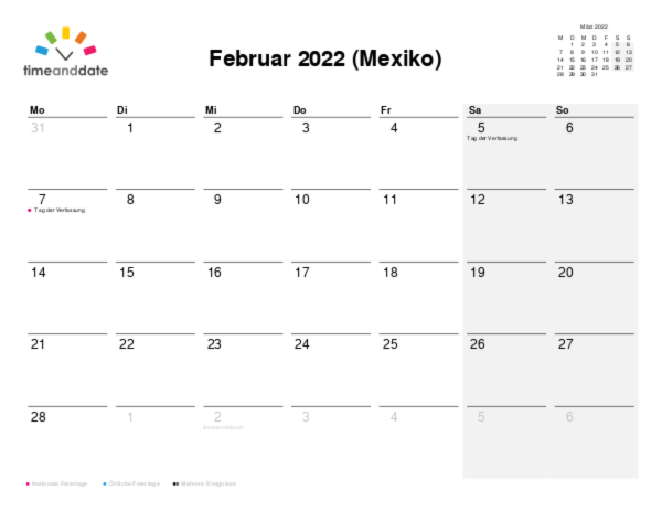 Kalender für 2022 in Mexiko