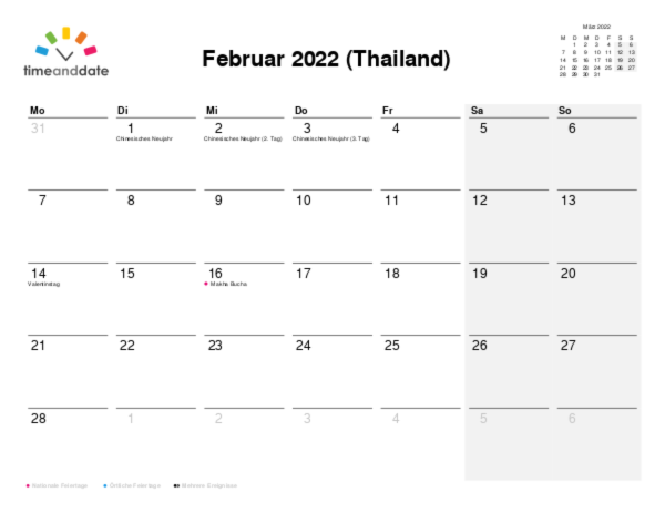 Kalender für 2022 in Thailand