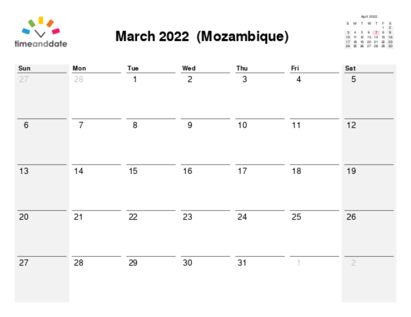 Kalender für 2022 in Mosambik