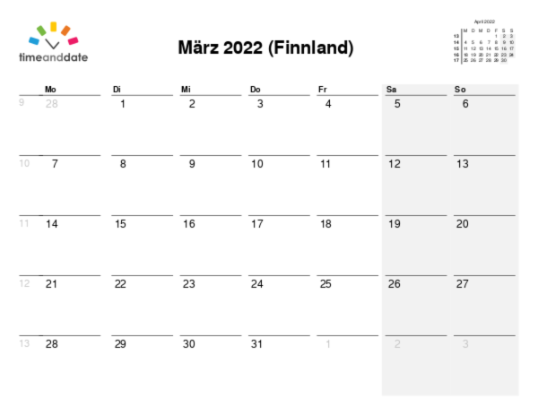 Kalender für 2022 in Finnland