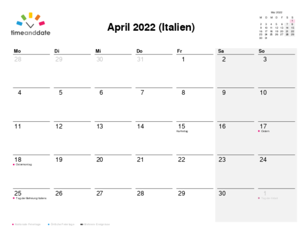 Kalender für 2022 in Italien