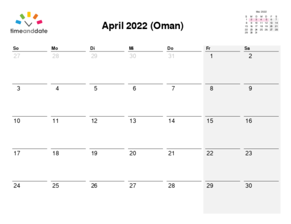 Kalender für 2022 in Oman