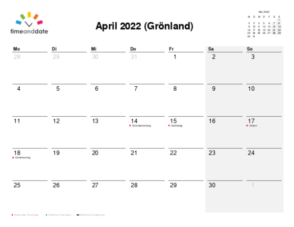Kalender für 2022 in Grönland