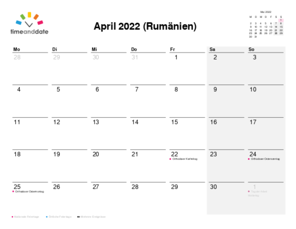 Kalender für 2022 in Rumänien