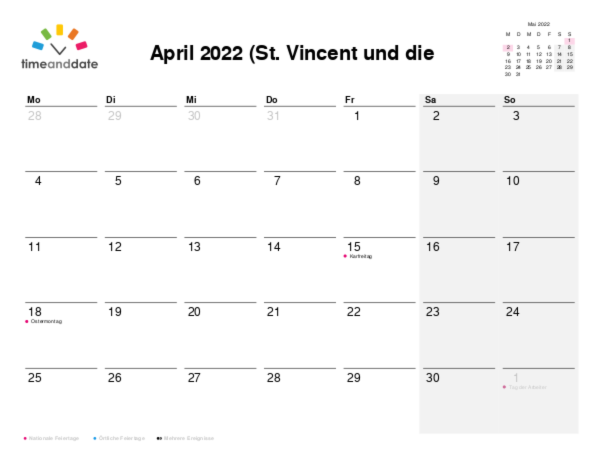 Kalender für 2022 in St. Vincent und die Grenadinen