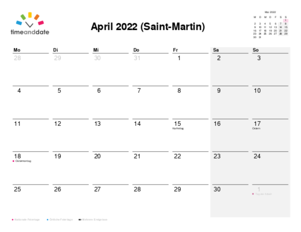 Kalender für 2022 in Saint-Martin
