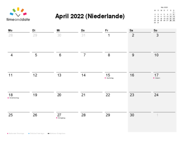 Kalender für 2022 in Niederlande