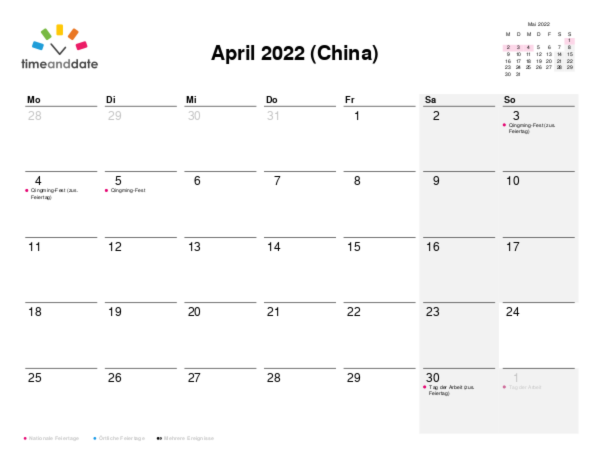 Kalender für 2022 in China