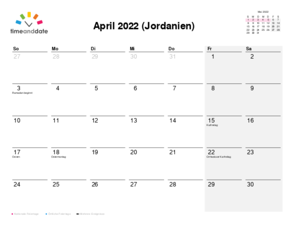 Kalender für 2022 in Jordanien