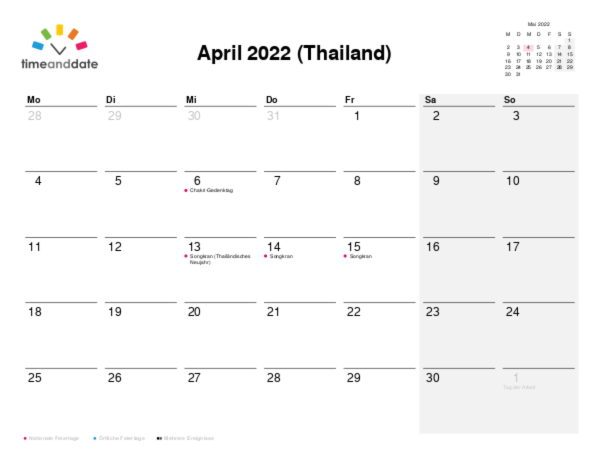 Kalender für 2022 in Thailand