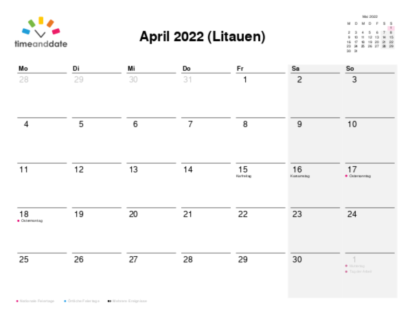 Kalender für 2022 in Litauen