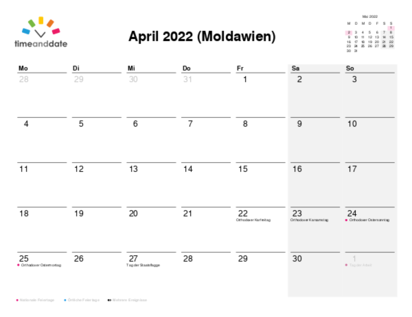 Kalender für 2022 in Moldawien