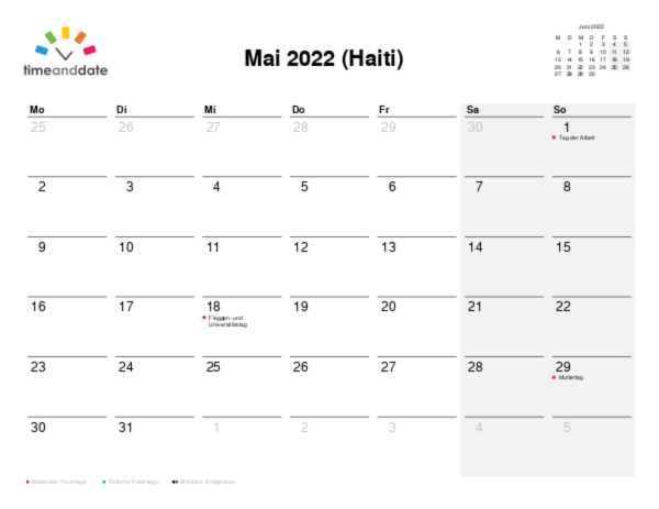 Kalender für 2022 in Haiti