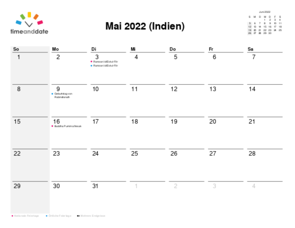 Kalender für 2022 in Indien