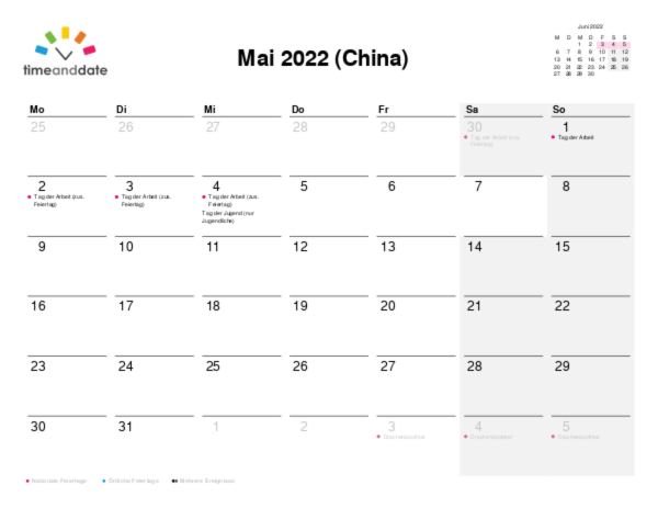 Kalender für 2022 in China
