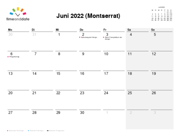 Kalender für 2022 in Montserrat