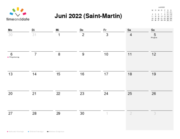 Kalender für 2022 in Saint-Martin