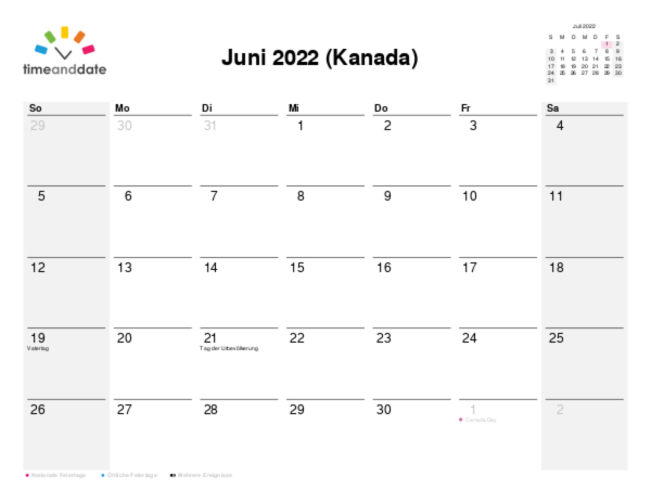 Kalender für 2022 in Kanada