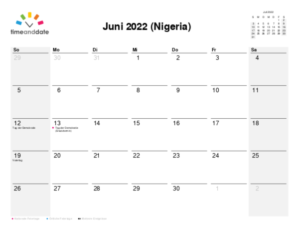 Kalender für 2022 in Nigeria