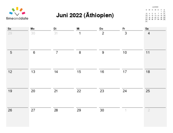 Kalender für 2022 in Äthiopien