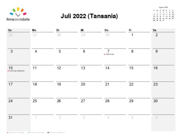 Kalender für 2022 in Tansania