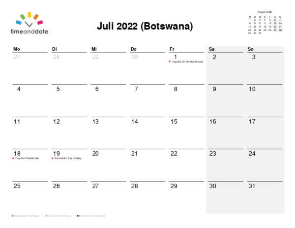 Kalender für 2022 in Botswana