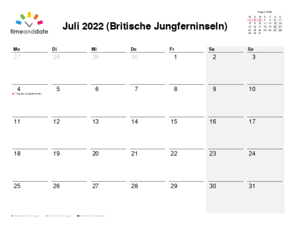 Kalender für 2022 in Britische Jungferninseln
