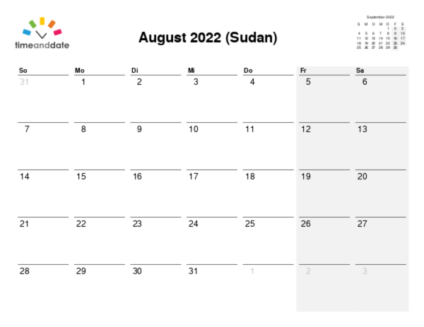 Kalender für 2022 in Sudan