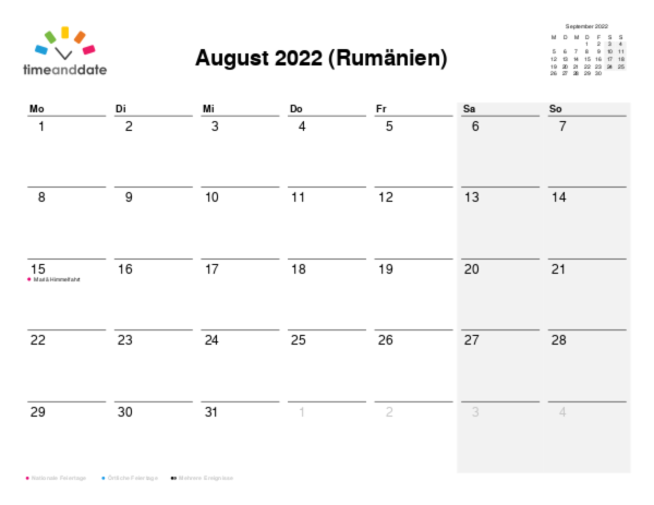 Kalender für 2022 in Rumänien