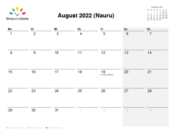 Kalender für 2022 in Nauru