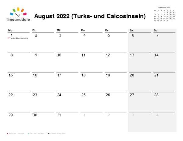 Kalender für 2022 in Turks- und Caicosinseln