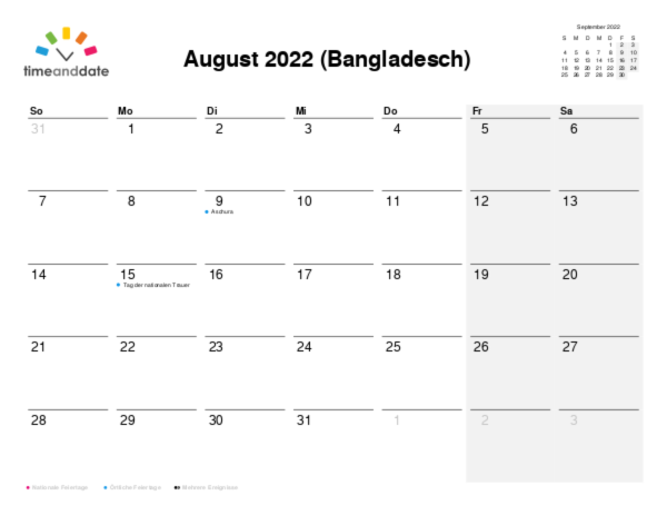 Kalender für 2022 in Bangladesch