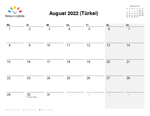 Kalender für 2022 in Türkei