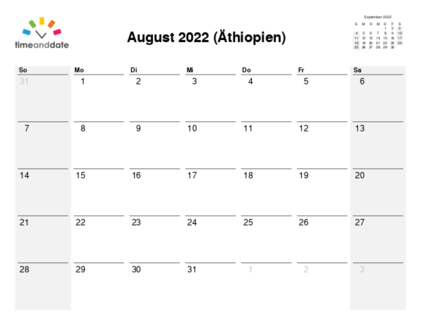 Kalender für 2022 in Äthiopien