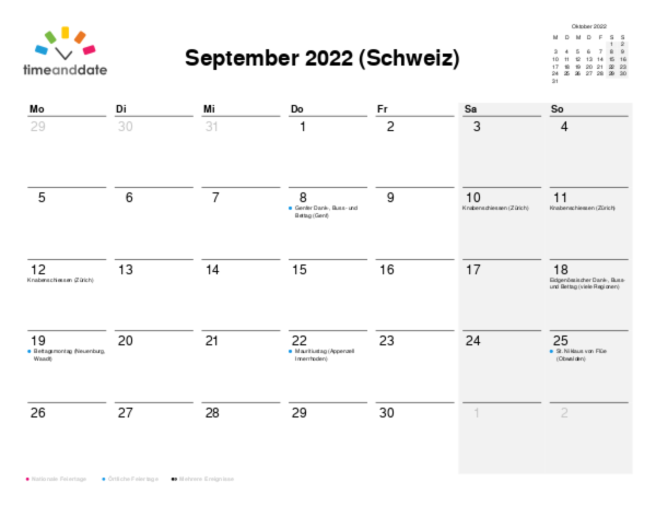 Kalender für 2022 in Schweiz
