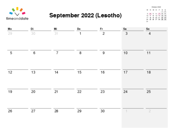 Kalender für 2022 in Lesotho