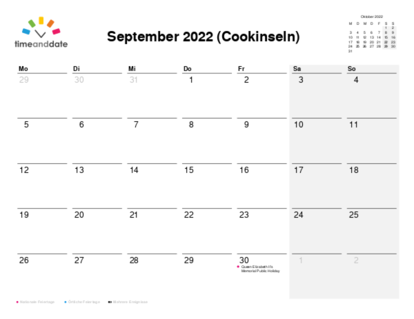 Kalender für 2022 in Cookinseln