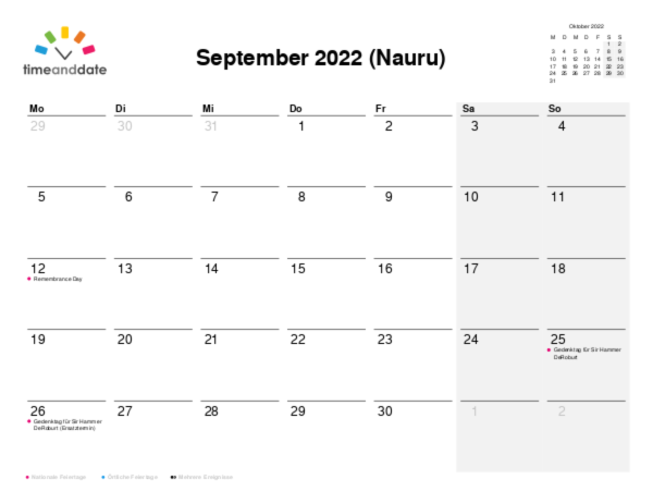 Kalender für 2022 in Nauru