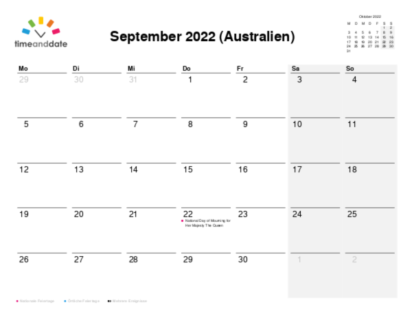 Kalender für 2022 in Australien